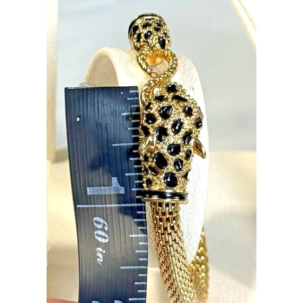 Vintage Double Leopard Panther Mesh Bracelet Green Eyes Gold Tone Statement